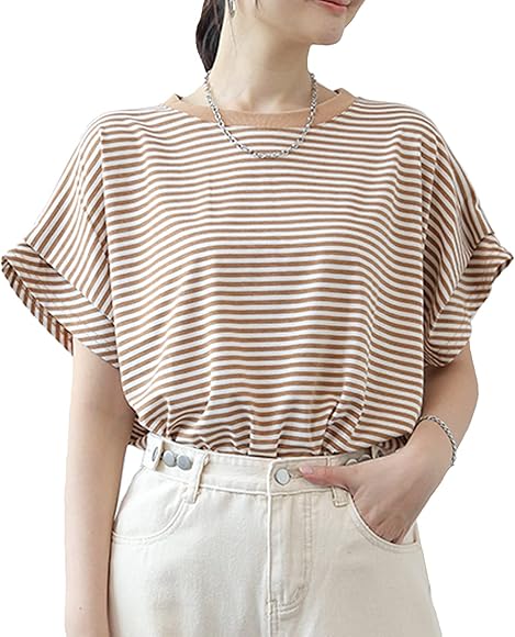 Amazon | [ANCKDOCE] 半袖tシャツ カットソー ストライプ レディース